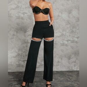 Black Cutout Pants with Rhinestone Trim